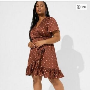 Torrid Brown Ruffle Mini Dress with White Dots